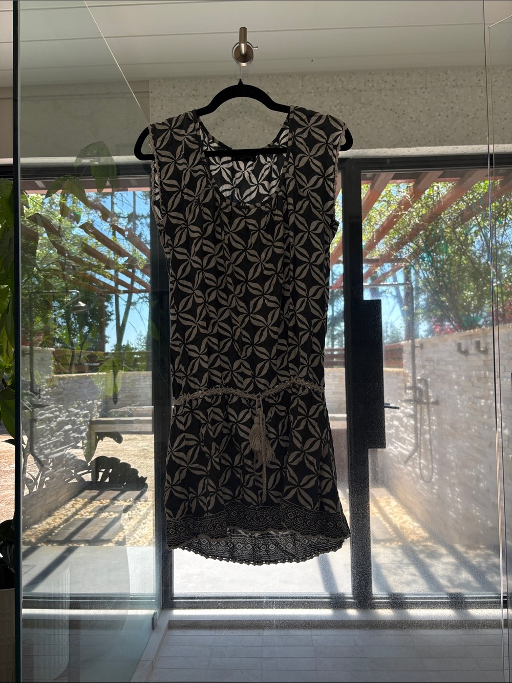 Black and White Printed Mini Dress with Tie Waist